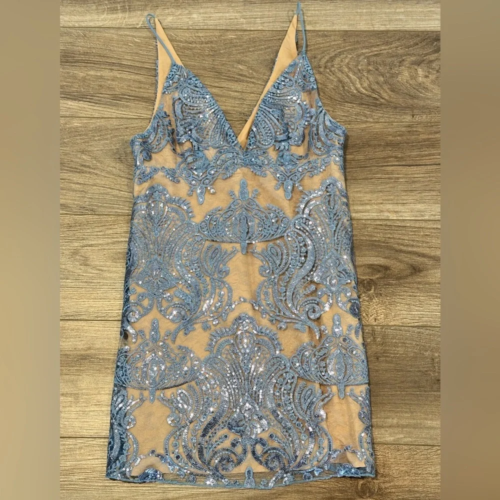 NWOT Free People Night Shimmer Mini Blue Sequin Cocktail Dress Size 0 - Picture 3 of 12